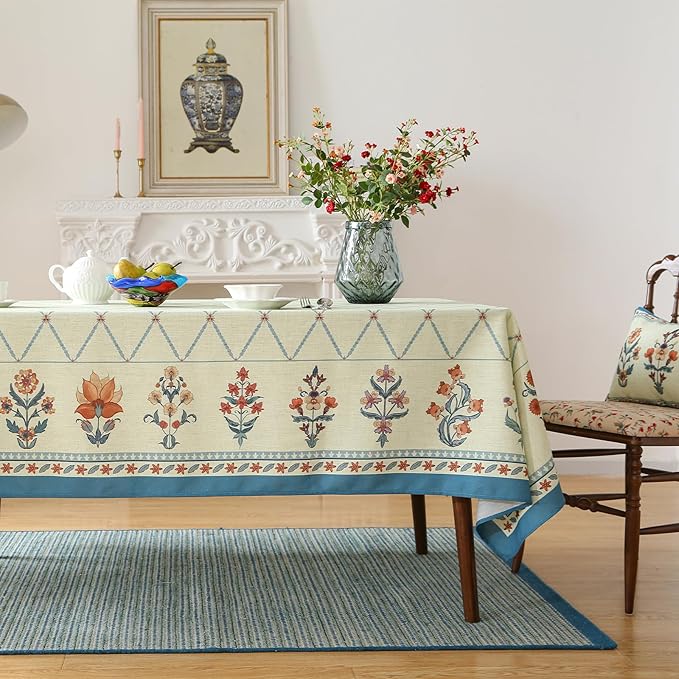 ISAENNE Designer Linen Floral Long Tablecloth Rectangle,Light Green Farmhouse Durable Table Cloth,Washable Decor Tablecloths for Dining Kitchen Thanksgiving Christmas,63"*102"-Floralsea B