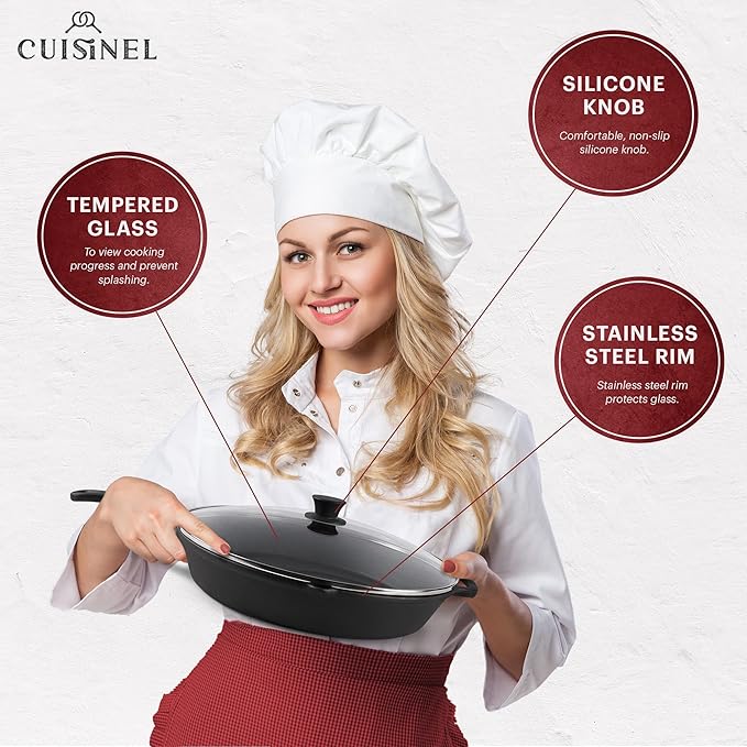 Cuisinel 15" Cast Iron Skillet + Glass Lid Cover + Pan Scraper + Heat-Resistant Silicone Handle Grip - Pre-seasoned Oven-Safe Kitchen Cookware - Indoor/Outdoor - Camping, Grilling, BBQ, Oven Safe