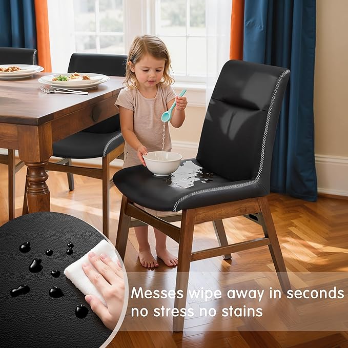 SyMax Dining Chairs Set of 2, Faux Leather Dining Room Chairs with Stitched Edge Trim, Modern High-End Kitchen Side Chairs for Bedroom, Living Room, Black