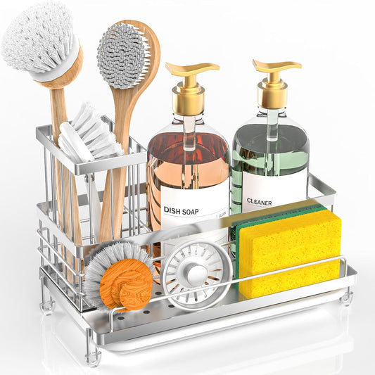 Cisily Stainless Steel Kitchen Sink Caddy Organizer, Sponge Holder for Sink Rustproof, Non-Slip Soap Dish Dispenser Brush Holder Storage, Home & Kitchen Essentials Accessories