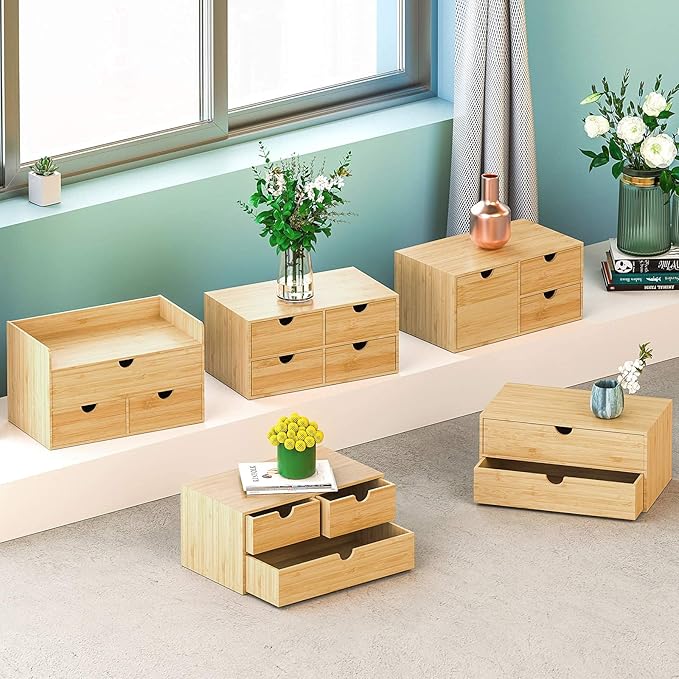 Wisuce Bamboo Desk Drawer Organizer, Desktop Organizer with Drawers Tabletop Storage Organization Box for Office Home Toiletries Supplies Vanity, No Assembly Required(3 Drawers-left right)