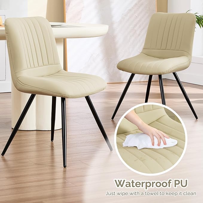 Dining Chairs Set of 2, Modern Dining Chairs with Thick Cushions, PU Leather Upholstered Kitchen Dining Room Chairs with Metal Legs for Dining Living Room (Khaki)
