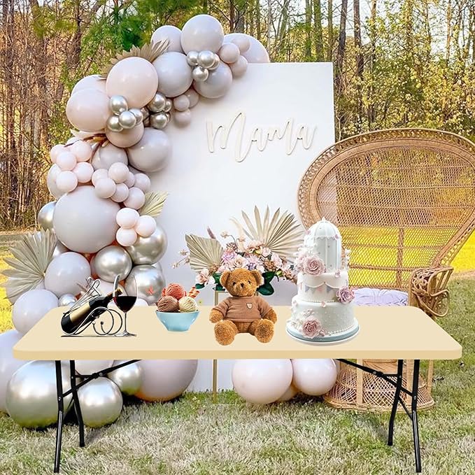 10 Pack Fitted Tablecloth for 8 Foot Rectangle Tables, Beige Elastic Outdoor Picnic Table Cover, Washable Stretch Folding Table Cloths 8 ft for Camping Party Patio Kitchen Banquet, 30" W x 96" L