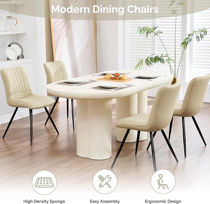 Dining Chairs Set of 2, Modern Dining Chairs with Thick Cushions, PU Leather Upholstered Kitchen Dining Room Chairs with Metal Legs for Dining Living Room (Khaki)