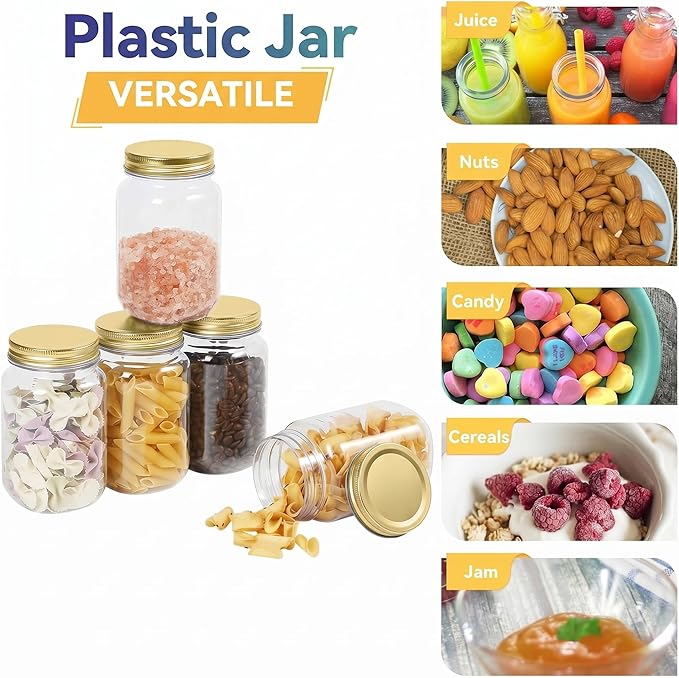 novelinks 16 oz Clear Plastic Jars with Lids, Refillable 16oz Mason Jars with Lids & Storage Containers for Kitchen & Household Use (15 Pack,Gold)