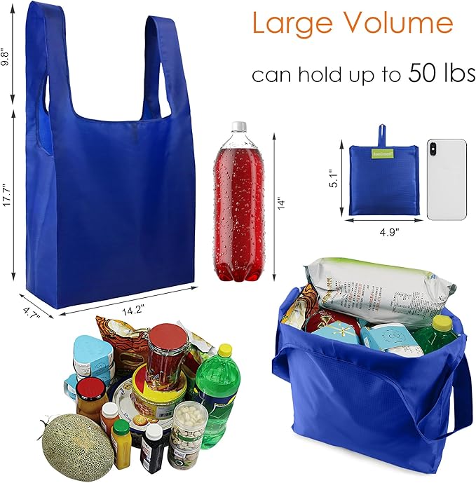 BeeGreen Blue Reusable Grocery Bags Wholesale Royal Reusable Kitchen Bags Bulk Foldable-Machine Washable with Zipper Storage Pouch 50 Packs