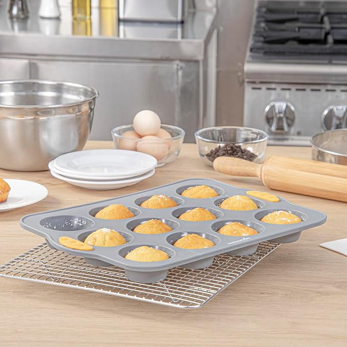 Restaurantware Silicone Baking Mold Pack of 1 Non-Stick Muffin Mold with Handles 12 Compartments, Oven-Friendly Dishwashable Freezer-Friendly Heat-Resistant Gray Silicone Cupcake Muffin Pan