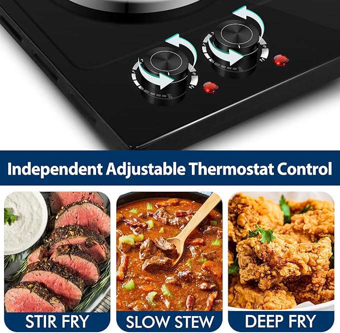 CUSIMAX Hot Plate, 1800W Electric Burner Double Hot Plate for Cooking Countertop Burner with Adjustable Temperature Control, Portable Electric Cast Iron Hot Plates Cooktop, Easy to Clean, Black