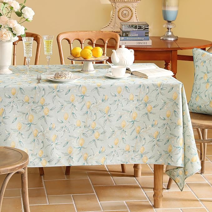 patdrea Designer Linen Long Green Tablecloth for Rectangle Table,Vintage Breathable Yellow Fruits Pattern Table Cloth,Decor Cover for Kitchen Dining,Christmas,Thanksgiving,Party,63"x94"-Ania a