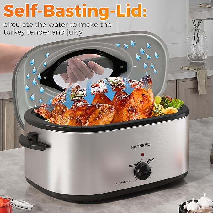 22 Quart Electric Roaster Oven with Visible & Self-Basting Lid, Large Turkey Roaster with Defrost Warm Function, Adjustable Temperature, Removable Pan Rack, Stainless Steel