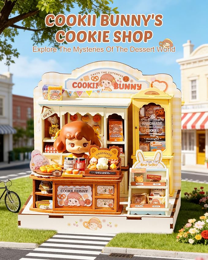 ROBOTIME DIY Miniature House Kit, Dollhouse Building Kit, Mini Wooden Furniture Kit for Adults, Birthday Christmas Craft Hobbies Gift（Cookii Bunny's Cookie Shop）