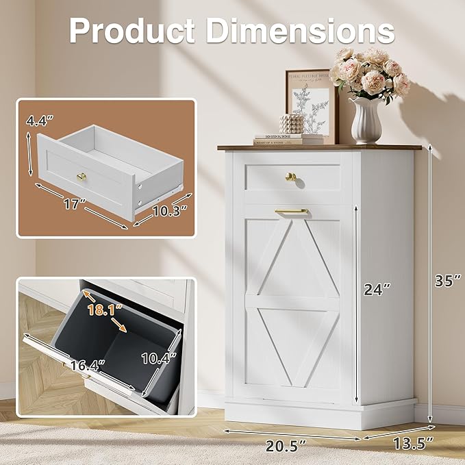 JUMMICO Tilt-Out Trash Can Cabinet, 10 Gallon Laundry Hamper Cabinets with Drawers, for Kitchen, Dining Room and Living Room (White, 2 Piece)