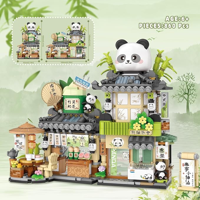 Street View Tea Shop Mini Building Blocks Set, Cute Panda Animals Building Toys Girls 6-12, Simulation Architecture Construction Toy, Birthday Gift for Kids Adults (860PCS)