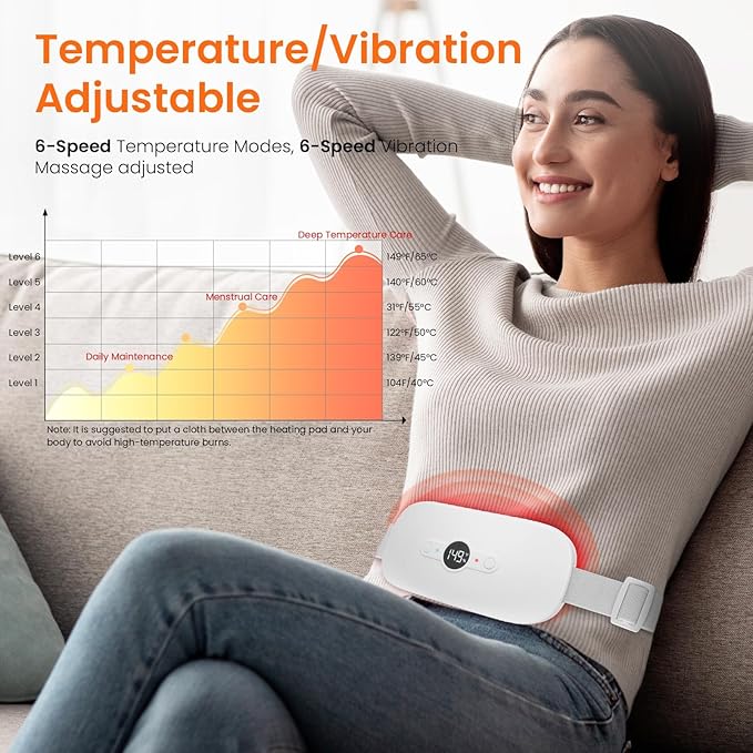 NOWWISH Heating Pad for Period Cramps Pain Relief, Portable Electric Cordless Menstrual Heating Pad Rechargeable with 6 Heat Levels and 6 Massage Modes, College Dorm Room Essentials for Girls, White