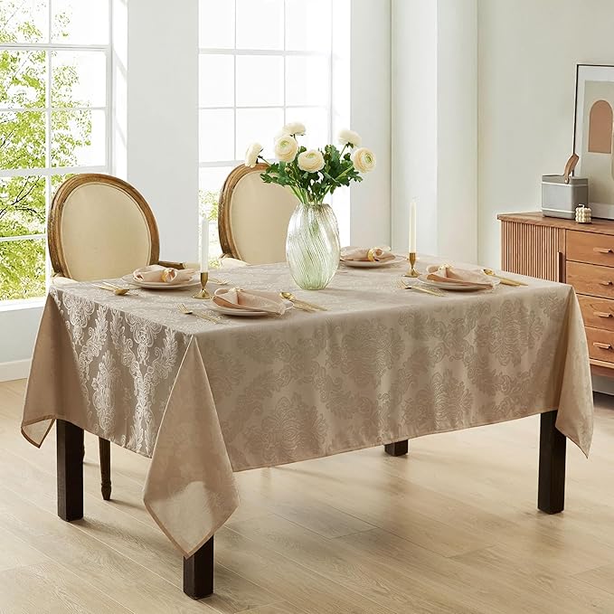 Newbridge Barcelona Luxury Damask Fabric Tablecloth, 60” Wide x 102” Rectangle, Golden Beige, 100% Polyester, No Iron, Soil Resistant Dining Room, Party and Banquet Table Cover