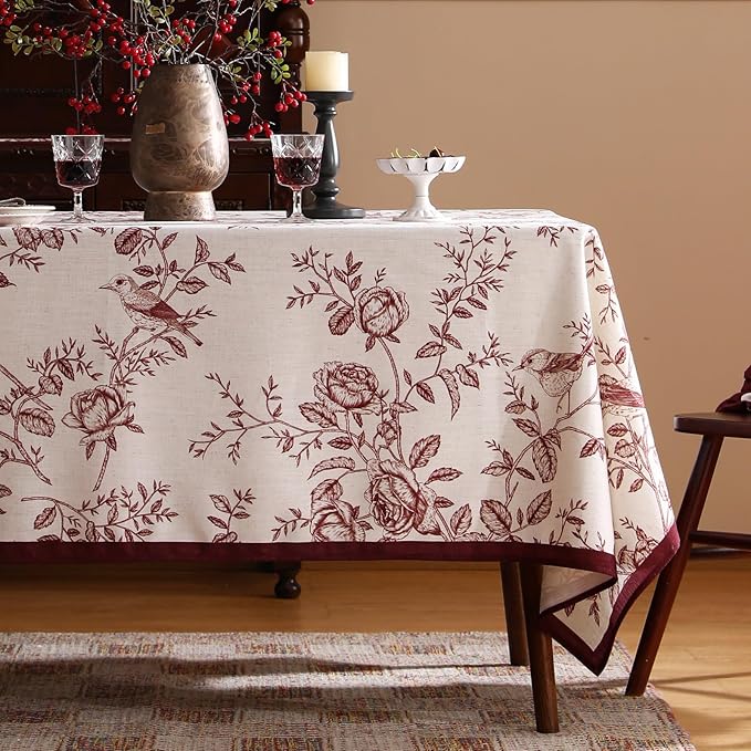 ISAENNE Designer Vintage Linen Small Square Tablecloth,Red Floral Pattern Linen Stain Resistant Table Cloth,Decor Tablecloths for Dining Thanksgiving Kitchen Tea Party,55"*55"-Harmony