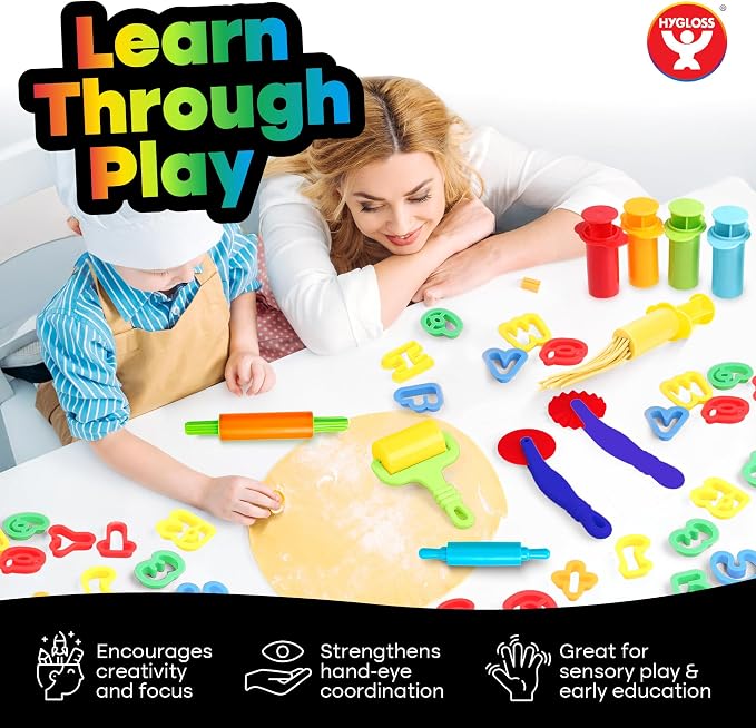 Hygloss 46 Pcs Dough Tools Set – Dough Extruders + Numbers & Alphabet Cutters Set – Educational Modeling Clay Tools – Preschool Toys & Toddler Activities – Arts & Crafts for Kids Ages 3-5