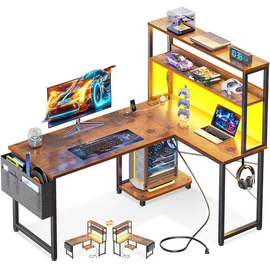 Casaottima Gaming Desk with Power Outlets & LED Lights, 43 Inch Reversible L Shaped Computer Desk with Shelves & Storage Bag, Corner Desk for Home Office, Vintage