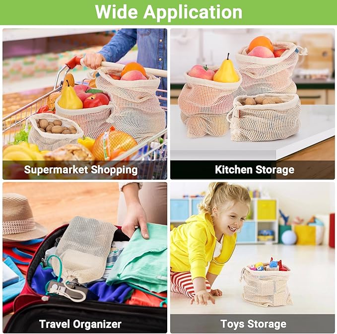 Pack of 3 Reusable Produce Bags Washable, 11x17 Inch Large Reusable Grocery Bags Heavy Duty Cotton Bag Produce Storage, Enhanced Closure Edge, Double Stitched, with Tare Weight