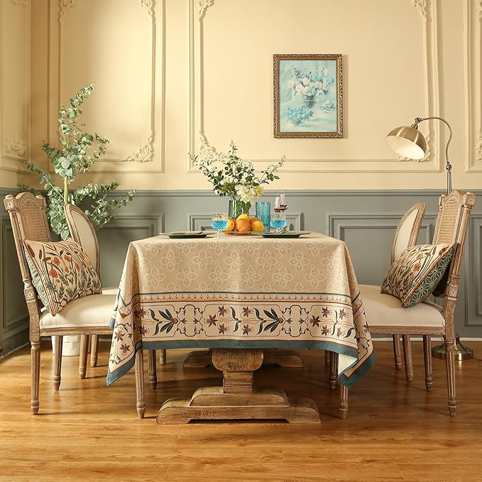 patdrea Designer Beige French Linen Small Tablecloth for Square Table,Anti-Wrinkle Durable Floral Table Cloth,Decor Cover for Kitchen Dining,Tea Party,Christmas,Thanksgiving,55"x55"-Fram