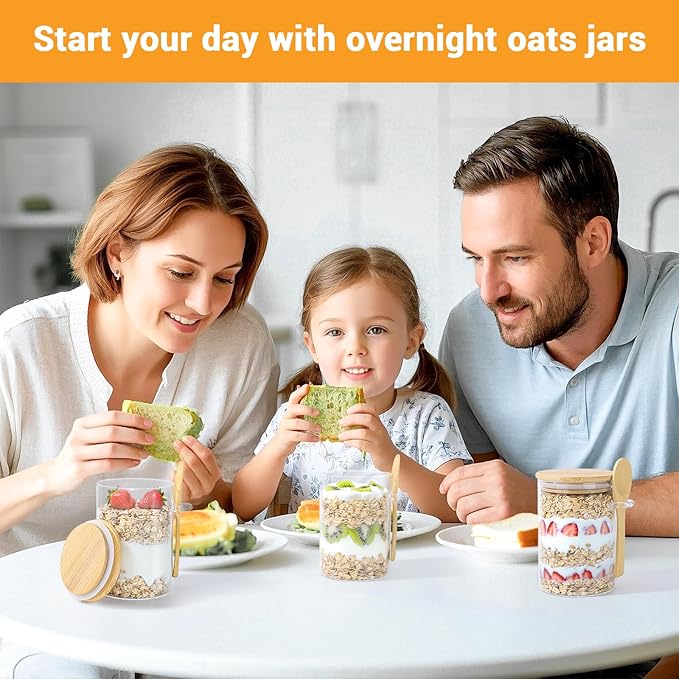 Glass Jar with Bamboo Lids and Spoon - 6 Pack 18 Fl.oz Round Food Storage Containers, Includes Labels and Marker, Airtight Tea Canister Pantry Jars for Sugar, Ground Coffee, Oats, Meal Prep