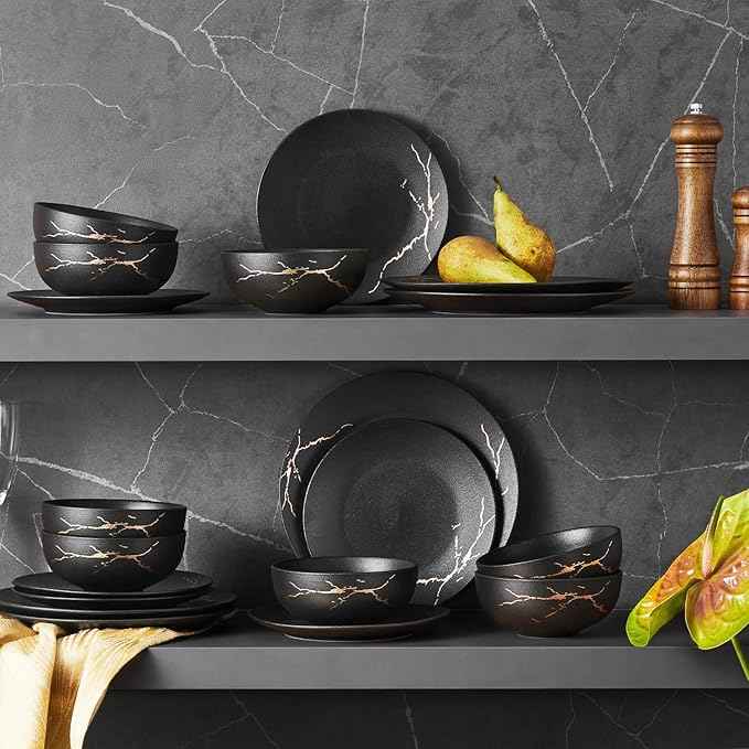 KINGSTONE Porcelain Dinnerware Sets for 8 | 24 Piece Plates and Bowls Sets Kitchen Dishes Scratch Resistant Matte Black Gold Vein Dinner Salad Plate Dishware for Party Daily Wedding