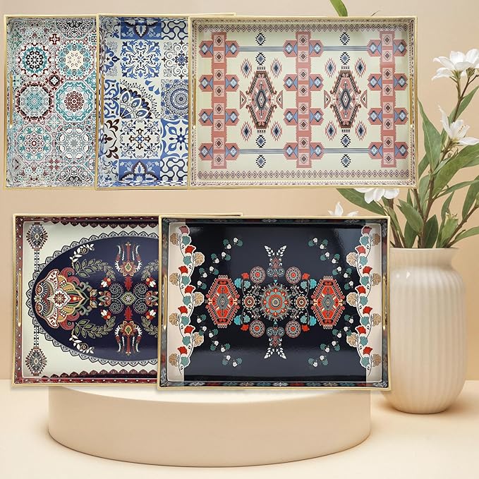 Spsyrine Serving Tray with Handles, Plastic Decorative Tray for Coffee Table, Living Room, Home Decor, 3040M