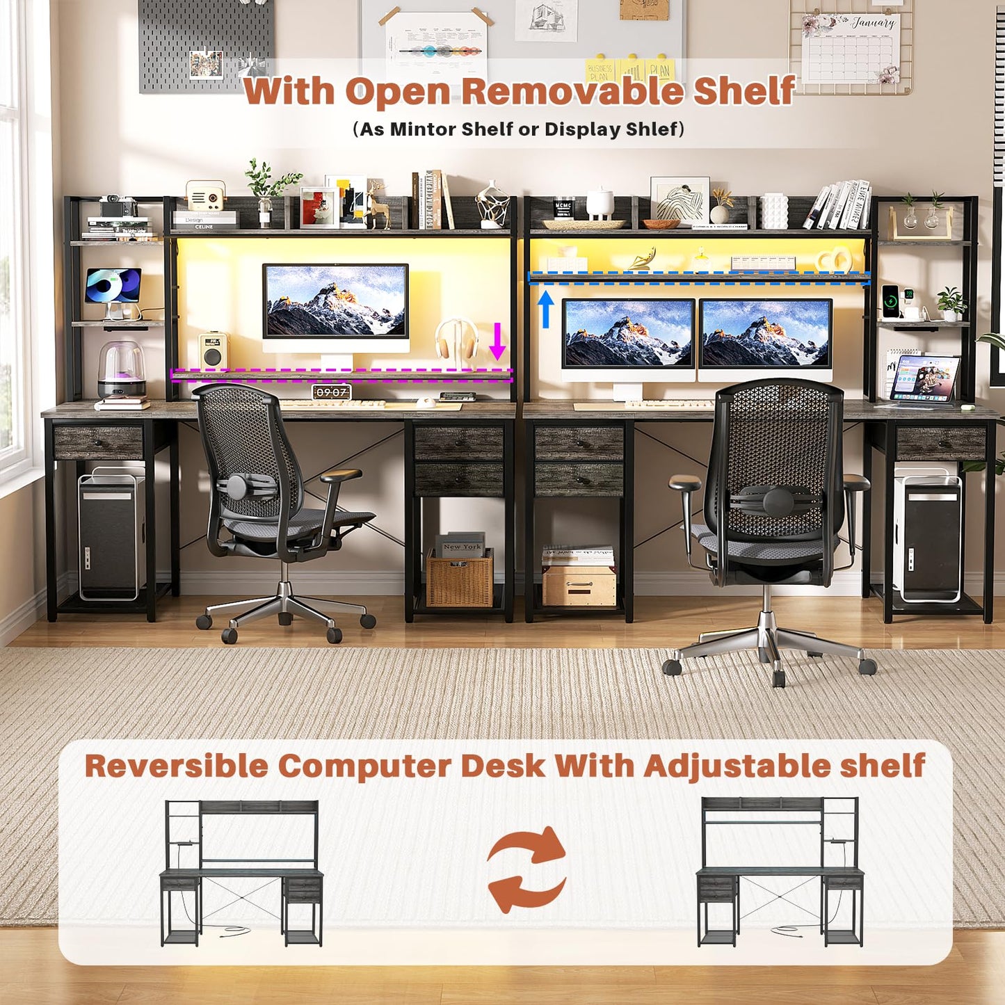 Aheaplus Gaming Desk With LED, Outlets, and Hutch - 55.2'' Computer Workstation With Drawers, Reversible Office Desk With Storage Bookshelf and Shelf - Large Home Desk, Black Oak