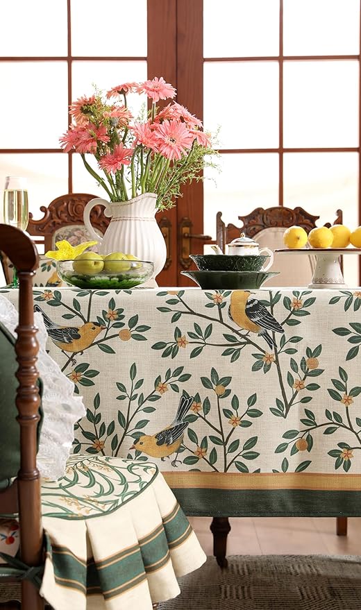 patdrea Designer Green French Linen Rectangular Tablecloth,Vintage Durable Floral Table Cloth,Decorative Table Cover for Kitchen Dining,Parties,Party,Christmas,Thanksgiving,55"x87"-Warbler