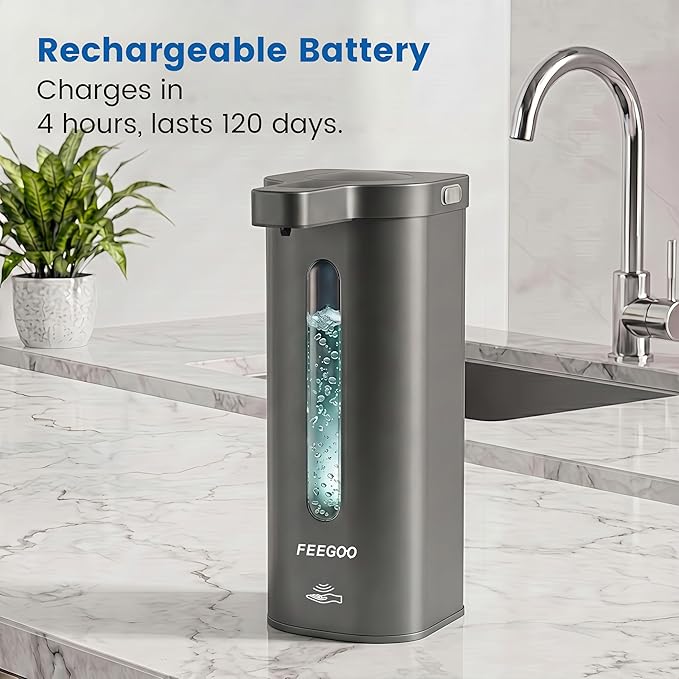 Touchless Automatic Soap Dispenser, 17 oz / 500ml Type-C Rechargeable Countertop Liquid Hand Soap Dispenser for Kitchen and Bathroom, Stainless Steel, Silver