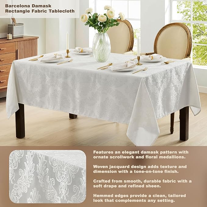 Newbridge Barcelona Luxury Damask Fabric Tablecloth, 70” x 70”, Square, White, 100% Polyester, No Iron, Soil Resistant Dining Room, Party and Banquet Table Cover