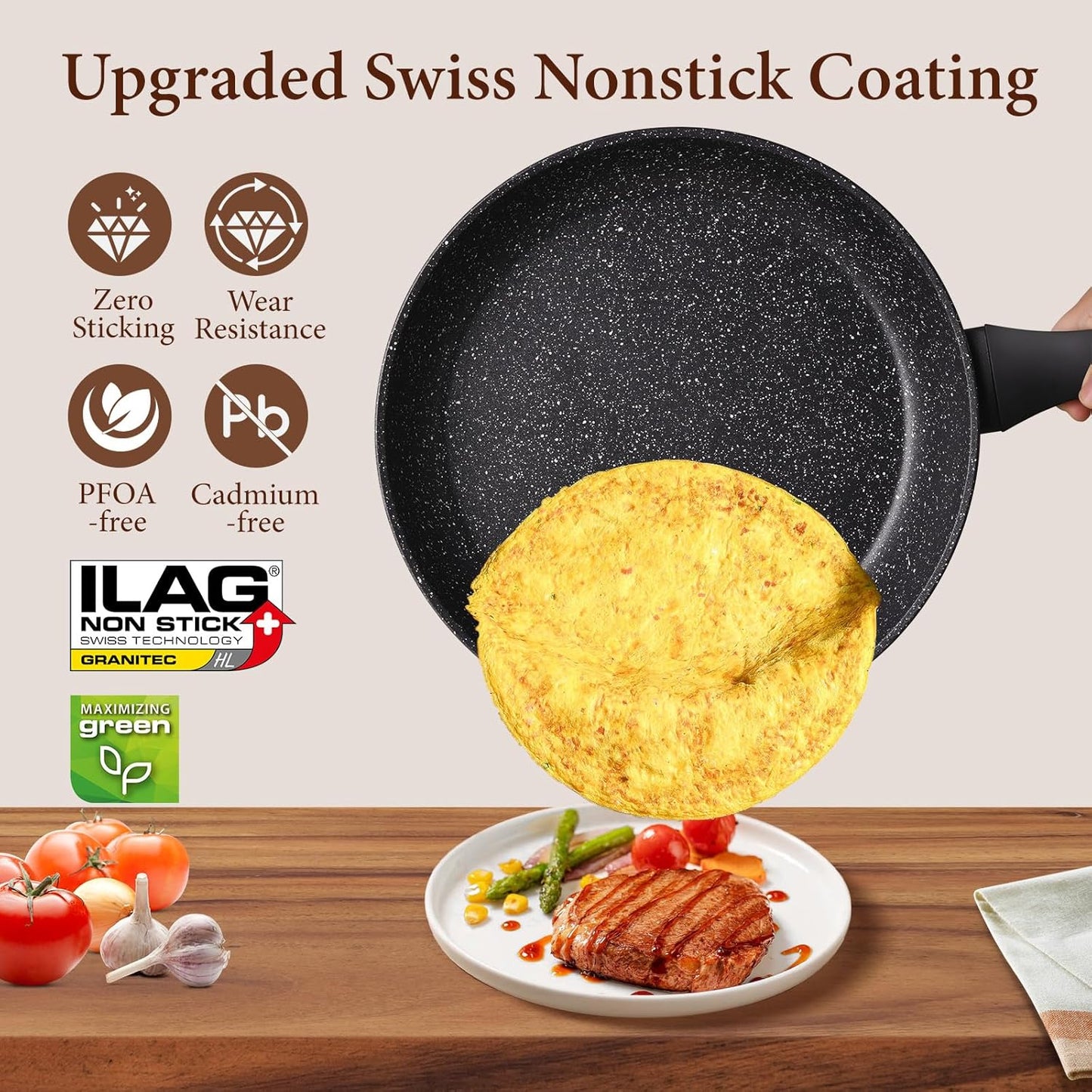 Non Stick Frying Pans,Healthy Stone Cookware,Deep Frying Pan Skillet,Omelette Pan,Egg Pans Nonstick，PFOA-free Non Toxic Frying Pan (8 Inch)
