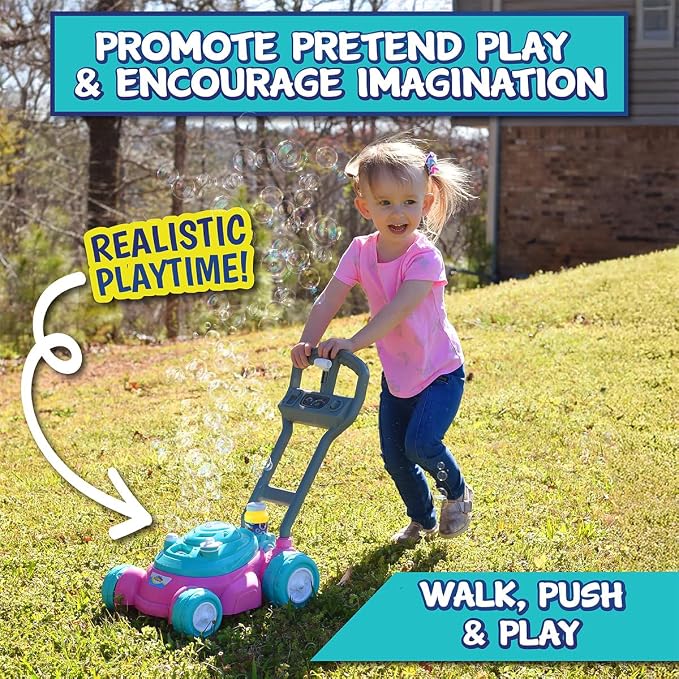 Sunny Days Entertainment Maxx Bubbles Deluxe Bubble Lawn Mower Toy – Includes 4oz Bubble Solution | Outdoor Bubble Machine for Kids | Easy to Use, No Batteries Required | Amazon Exclusive, Pink