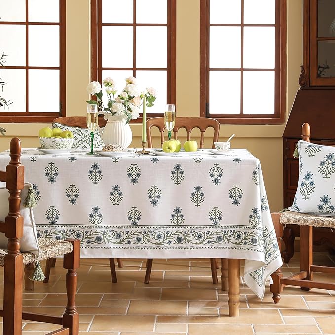 ISAENNE Designer White Linen Table Cloth for Rectangle Table,Chinoiserie Floral Elegant Indoor Tablecloth,Fall Stain Proof Decor Tablecloths for Dining Thanksgiving Kitchen,55"*79"-Mosella F