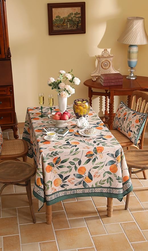 patdrea Designer Vintage Linen Long Rectangle Table Cloth,Framhouse Oranges and Leaves Pattern French Tablecloth,Fall Decor Cover for Kitchen Dining Christmas,Thanksgiving,63"x94"-Palladin a