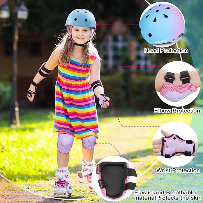 Kids Bike Skateboard Helmet Pad Set,Toddler Cyling Protective Gear Knee & Elbow Pads Wrist Guards for 5-8-10-12-14-16 Years Girls Boys Bicycle Scooter Roller Skate Inline Skating Rollerblading