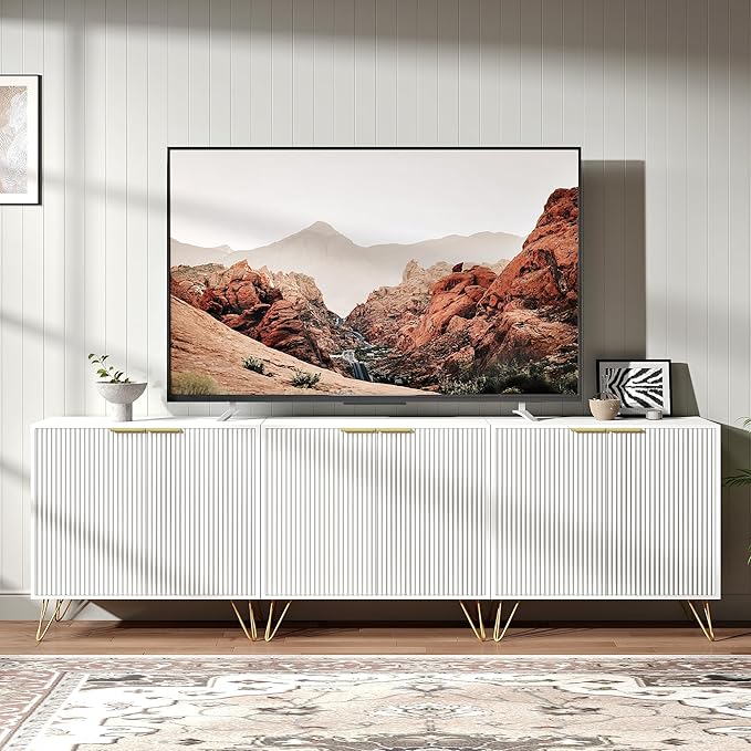 Fluted TV Stand for 90 Inch TV, Modern TV Stand Console, White Entertainment Center with 3 Storage Cabinets, Adjustable Shelves & Gold Handles, Wood Media Cabinet for Living Room