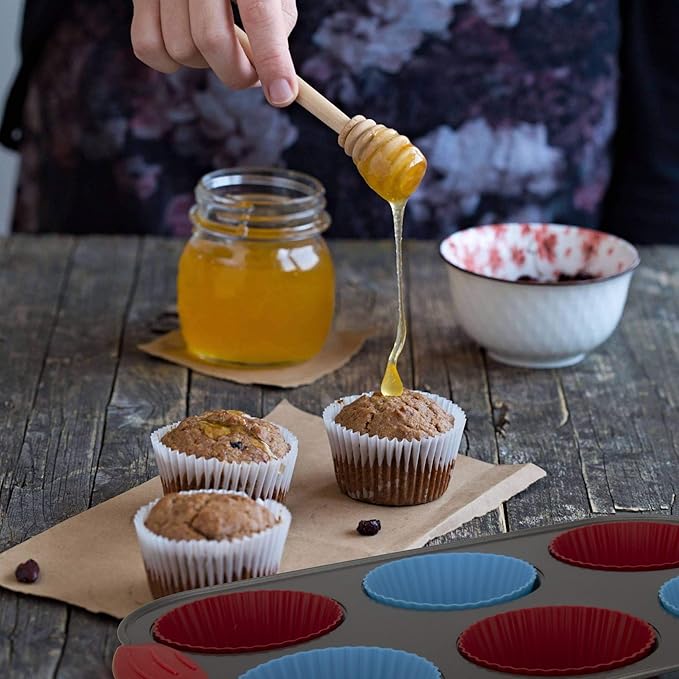 Baking Set: Non-Stick Steel Jumbo 6 Cup Muffin Pan with Silicone Handles & Reusable Liners and 9 Inch Silicone Round Cake Pan with Steel Frame Handles - Bake, Enjoy, Repeat!