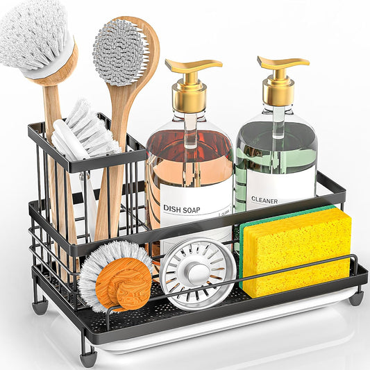 Cisily Large Capacity Kitchen Sink Caddy Organizer, Rustproof Non-Slip Sponge Holder With Dish Brush Holder Organizer, Kitchen Organization and Storage, Essentials Accessories for Countertop