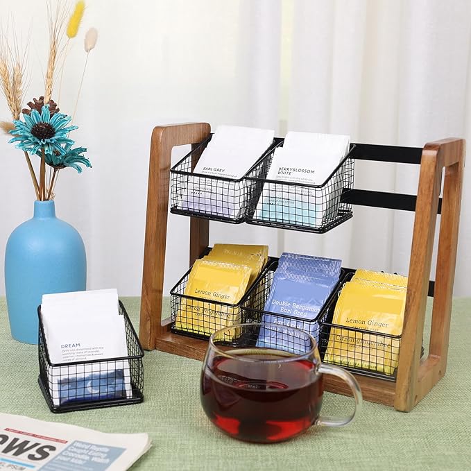HTB 2 Tier Tea Organizer for Tea Bags, Tea Bag Holder with Acacia Wood Stand and 6 Removable Metal Basket for Sugar Packets, Sweeteners, Creamers for Cabinet, Countertop or Wall-mounted