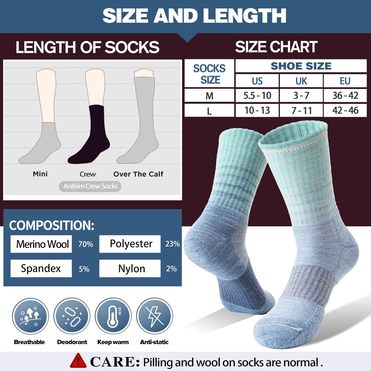 Anlisim Merino Wool Hiking Socks for Women Thermal Winter Warm Thick Work Cushion Gifts Socks 5 Pairs Stocking Stuffers(Tie-dye,M)