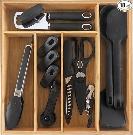 COOK WITH COLOR Bamboo Kitchen Utensil Set with Drawer Organizer | Cooking Tools and Storage Caddy, Black, 18 Piece Gadget Set