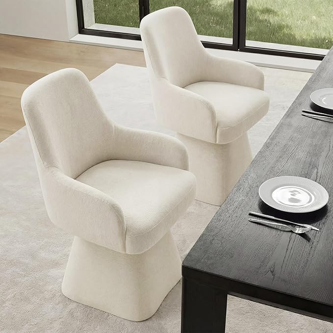 Swivel Dining Chairs Set of 4, Mid Century Modern Chairs Fabric Upholstered Armchair with Armrest & Ergonomic Backrest for Dining Room, Kitchen, Bedroom, Living Room, Linen, 4 Boxs