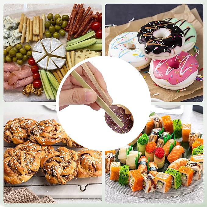 90 Pcs Natural Bamboo Food Tongs, Mini Disposable Wooden Long Toast Tongs, Small Cooking Utensils for Charcuterie, Catering, Party Supplies(3.94 Inch)