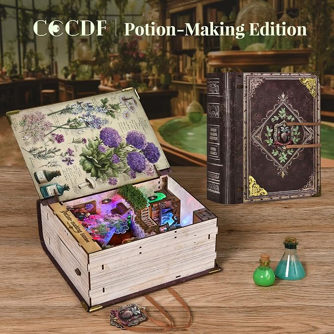 CCCDF Book Nook Kit - DIY Magic Book Miniature Dollhouse Booknook Bookshelf Decor 3D Wooden Puzzle, Gifts for Family, Friends (Potion-Making Edition)