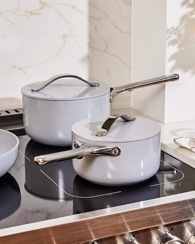 Caraway Nonstick Ceramic Sauce Pan with Lid (3 qt) - Non Toxic, PTFE & PFOA Free - Oven Safe & Compatible with All Stovetops (Gas, Electric & Induction) - Marigold