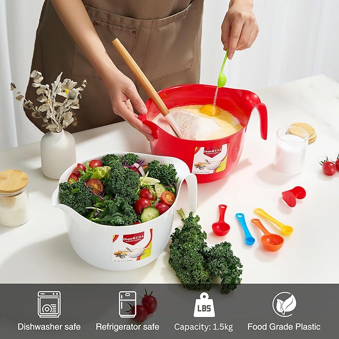 Large Mixing Bowls with Handles 3.6 qt - 2 Pc Plastic Nesting Bowls for Kitchen, Lightweight Batter Bowls, Easy to Clean + 5 Measuring Spoons Set