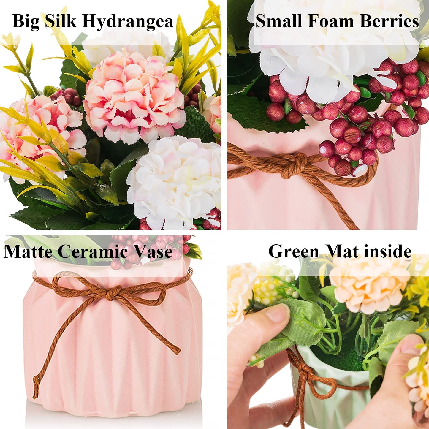 BLOSMON Fake Flowers in Vase for Centerpieces: 4 PCS Small Artificial Hydrangea with Vase Table Decor - Faux Floral Arrangements Desk Home Party Bathroom Office Decorations
