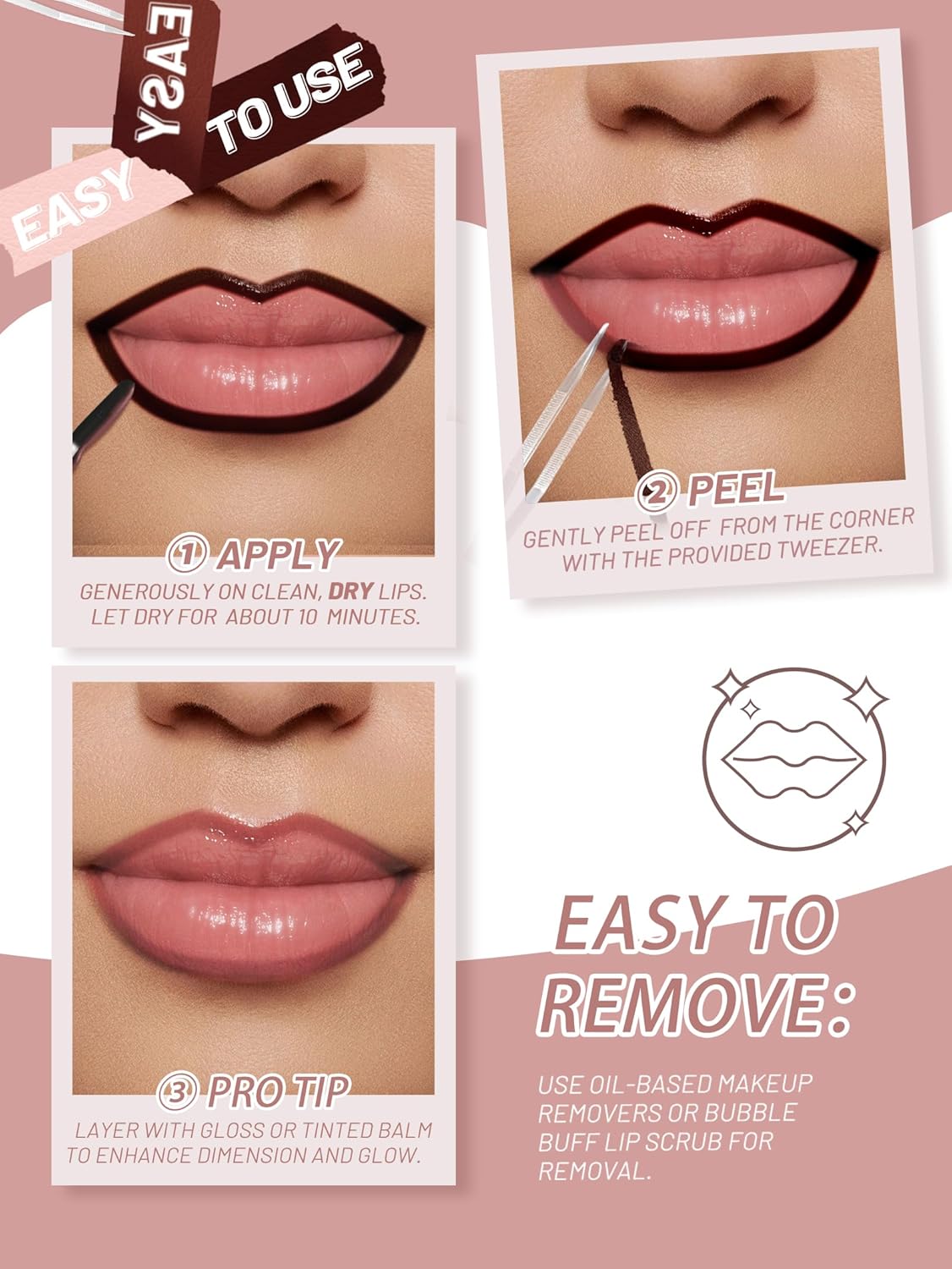Lip Stain Peel Off Lip Liner Stain with Tweezer, Long Lasting Matte Lip Tint Tattoo, Highly Pigmented Color Lip Makeup, Waterproof Lipstick, Transfer-proof Lipstain for Women, Nude