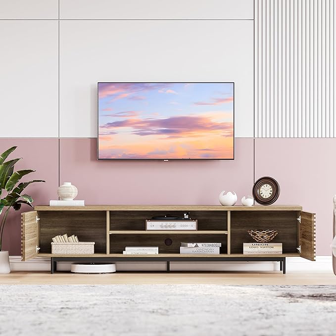 BELLEZE Fluted TV Stand for TV up to 75", Modern Entertainment Center with Storage Media Console Table with Cable Management, Wood TV Cabinet for Home Living Room Bedroom(Camel), 68"x15.6"x17.2"